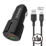 Ampker 30W Car Charger Dual USB Ports w/ Type-C to USB Cable (5ft) - Black