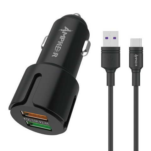 Ampker 30W Car Charger Dual USB Ports w/ Type-C to USB Cable (5ft) - Black