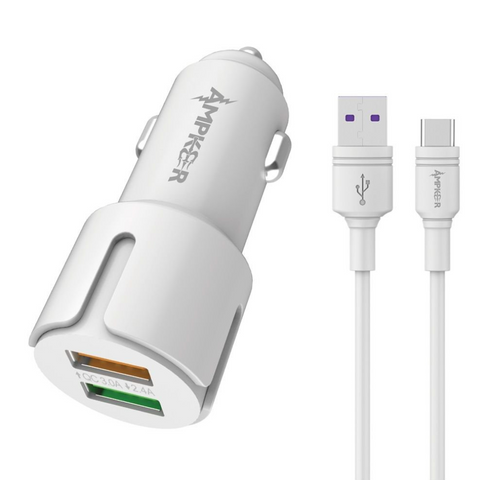 Ampker 30W Car Charger Dual USB Ports w/ Type-C to USB Cable (5 Ft) - White