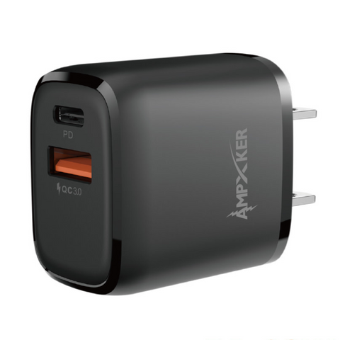 Ampker 38W Fast Charging Dual Port (QC 3.0 USB/20W USB-C) Wall Charger - Black